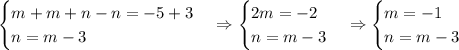 \begin{cases}m+m+n-n=-5+3\\n=m-3\end{cases}\Rightarrow\begin{cases}2m=-2\\n=m-3\end{cases}\Rightarrow\begin{cases}m=-1\\n=m-3\end{cases}