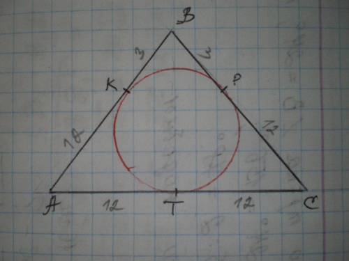 В равнобедренном треугольнике точка касания вписанной окружности делит боковую сторону на отрезки дл