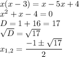 x(x-3)=x-5x+4\\x^2+x-4=0\\D=1+16=17\\\sqrt{D}=\sqrt{17}\\x_{1,2}=\dfrac{-1\pm\sqrt{17}}{2}