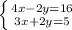 \left \{ {{4x-2y=16} \atop {3x+2y=5}} \right.