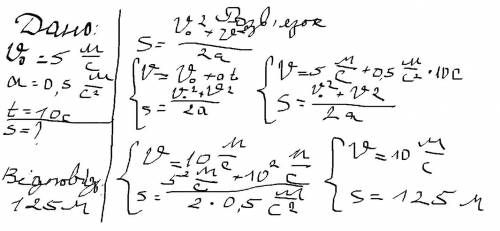 Автомобіль рухається зі швидкістю 5 м/с і починає розгін із прискоренням 0,5м/с2 протягом 10 с. Визн