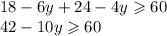 18 - 6y + 24 - 4y \geqslant 60 \\ 42 - 10y \geqslant 60