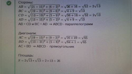 Докажи, что четырёхугольник ABCD является прямоугольником, найди его площадь, если A(13;2), B(15;4),