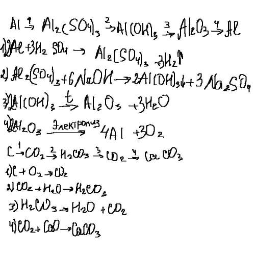 Здійсніть перетворення: Al → Al2(SO4)3 → Al(OH)3 → Al2O3 → Al; C → CO2 → H2CO3 → CO2 → CaCO3.
