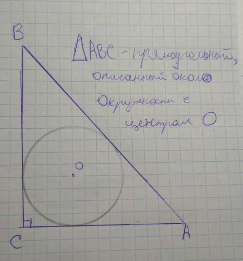 Нарисуйте окружность. Постройте прямоугольный треугольник, описанный около этой окружности.