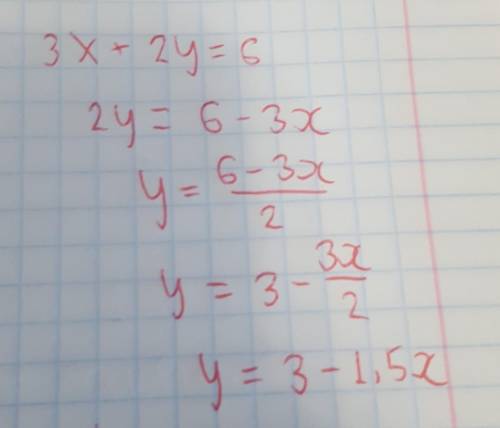 Вырази y через x 3x+2y=6​