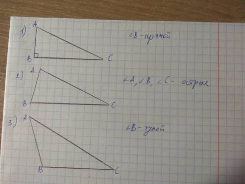 Начертить прямоугольний треугольник, остроугольный треугольник, тупоугольный треугольник, в тетради