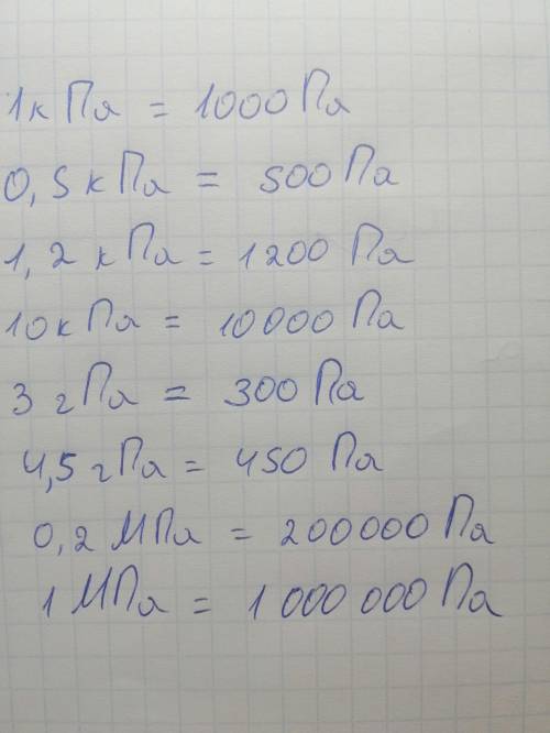 1. Выразите в системе СИ: 1) 1 кПа=1000 Па 5) 0,5 кПа= 2) 1,2 кПа=1200 Па 6) 10 кПа= 3) 3 гПа=300 Па