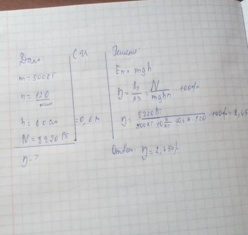 Решить задачу: паровая машина поднимает молот массой 500 кг 120 раз в минуту на высоту 60 см мощност