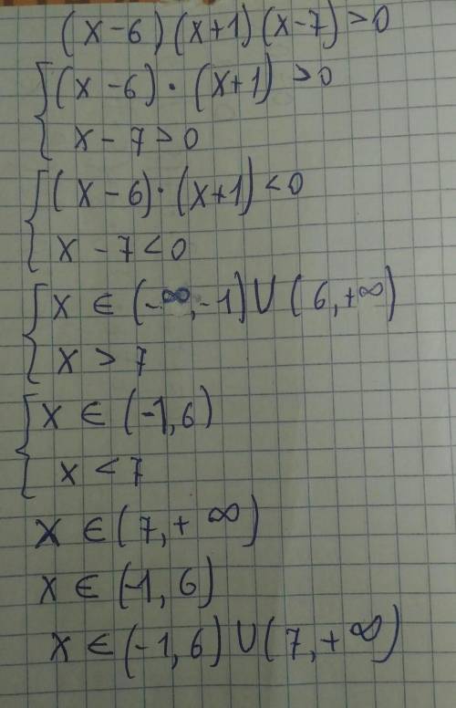 Розв'яжіть нерівність методом інтервалів.(x–6)(x+1)(x–7)> 0