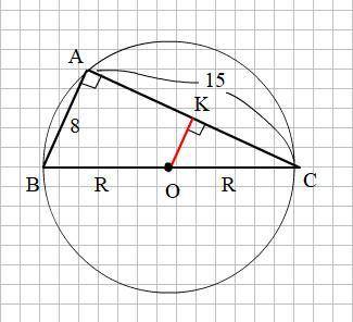 Из одной точки окружности проведены две взаимно перпендикулярные хорды, длины которых равны 8 и 15.