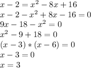 x-2=x^{2} -8x+16\\x-2-x^{2} +8x-16=0\\9x-18-x^{2} =0\\x^{2} -9+18=0\\(x-3)*(x-6)=0\\x-3=0 \\x=3