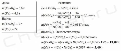 Раствор содержащий 16 Г сульфата меди 2 добавили 4,8г железной стружки . Сколько меди выделится при