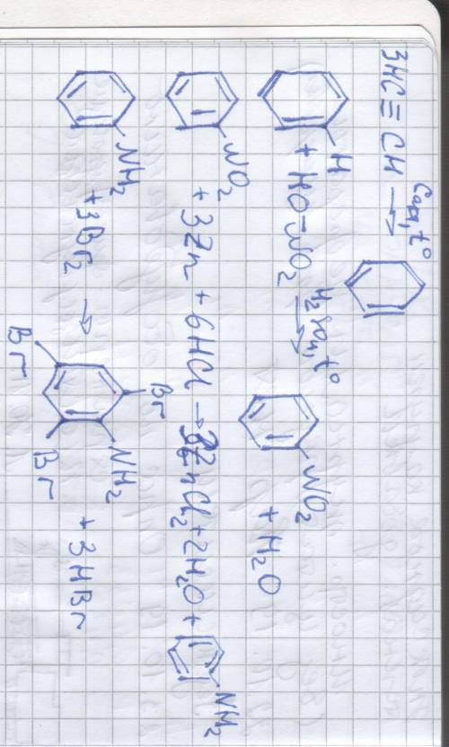 Как осуществить следующие превращения: С2Н2 _--- С6Н6 --- С6Н5NО2--- С6Н5NН2 --- С6Н2Вr3 NН2