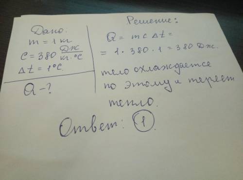 Тело массой 1 кг, изготовленное из латуни, удельная теплоёмкость которого 380 Дж/(кг·°C), охлаждают