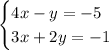 \begin{cases}4x-y=-5\\3x+2y=-1\end{cases}