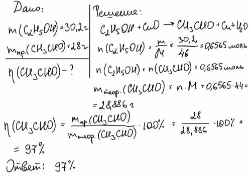 В результате реакции 30,2 г этанола с оксидом меди (2) получено 28 г ацетальдегида. Рассчитать теоре