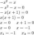 -x^2=x\\-x^2-x=0\\-x(x+1)=0\\x(x+1)=0\\ x=0\;\;\;\;\;x+1=0\\x=0\;\;\;\;\;x=-1\\x_{1}=-1\;\;\;\;\;x_{2}=0