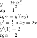 y=\frac{1+2x^2}{2}\\x_{0}=1\\ tg\alpha =y'(x_{0})\\ y'=\frac{1}{2} *4x=2x\\y'(1)=2\\ tg\alpha =2