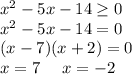 x^{2} -5x-14\geq 0\\x^{2} -5x-14=0\\(x-7)(x+2)=0\\x=7 \ \ \ \ x= - 2\\