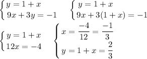 \displaystyle \left \{ {{y=1+x\qquad } \atop {9x+3y=-1}} \right. \quad \left \{ {{y=1+x\qquad \qquad } \atop {9x+3(1+x)=-1}} \right. \\\\\left \{ {{y=1+x} \atop {12x=-4}} \right. \quad \left \{ {{x=\dfrac{-4}{12} =\dfrac{-1}3} \atop {y=1+x=\dfrac{2}3}} \right.