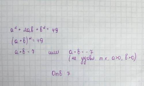 Якщо a>0,b>0 і a²+2ab+b²=49,то a+b​