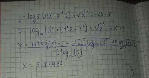 Найдите область определения функции: y=log5(11x-x^2)+√x^2-6x+8. второе выражение полностью под корне