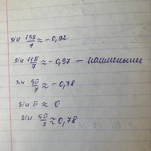 Оберіть найменший значения серед чисел : sin 13π/7;sin 11π/7; sin 9π/7;sin π ; sin 5π/7​