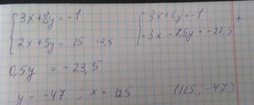 Решите систему уравнений 3x+8y=-1 2x+5y=15 методом сложения. Введите значение x Введите значение y