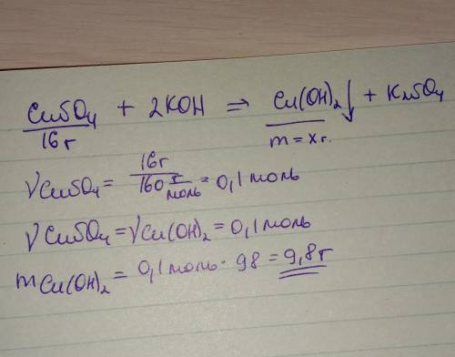 К раствору, содержащему 16 г сульфата меди (II) прилили избыток раствора гидроксида калия. Вычислите