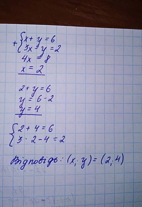 Розвяжіть систему додаванням x+y=6; 3x-y=2​