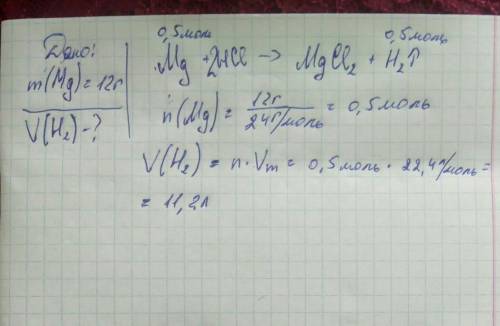 Обчисліть об'єм водню, що виділяється внаслідок взаємодії магнію масою 12 г з хлоридною кислотою.