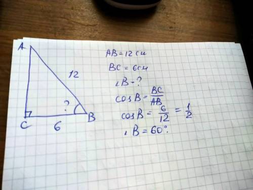 В прямокутному трикутнику ABC ∠C=90°, AB=12см, BC=6см. Знайти градусну міру