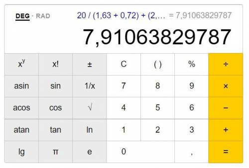 20÷(1,63+0,72)+(2,8-5,8)÷5​