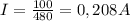 I=\frac{100}{480} =0,208A