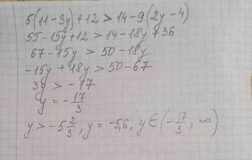 Реши неравенство 5(11-3y)+12>14-9(2y-4)