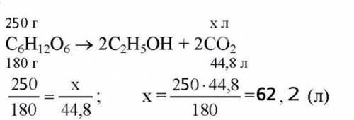 Вычислите объем углекислого газа (н.у.), который выделится в результате спиртового брожения 250г глю