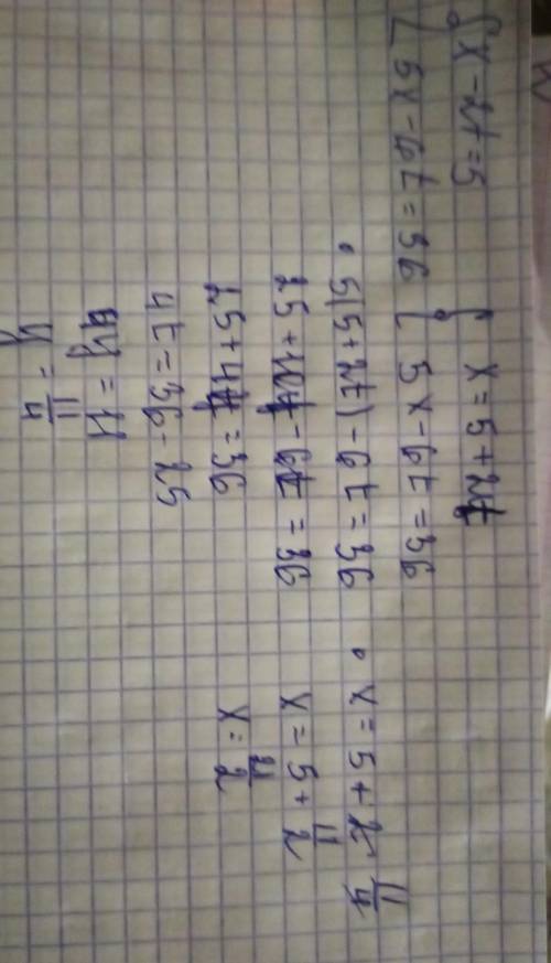 Реши систему уравнений алгебраического сложения. {x−2t=55x−6t=36