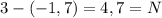 3-(-1,7)=4,7=N