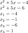 \\x^{2} +5x=-4\\x^{2} +5x=6\\x_{1} =-4\\x_{2}=-1\\x_{3}=-6\\x_{4}=1\\