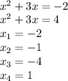 \\x^{2} +3x=-2\\x^{2} +3x=4 \\x_{1} =-2\\x_{2}=-1\\x_{3}=-4\\x_{4}=1\\