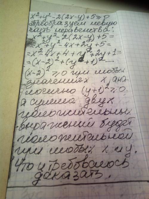 Доведіть, що х² + у² - 2 (2х - у) + 5 ≥ 0 для будь яких значень змінних х і у