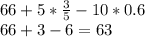 66 + 5 * \frac{3}{5} - 10 * 0.6\\66+3-6 = 63