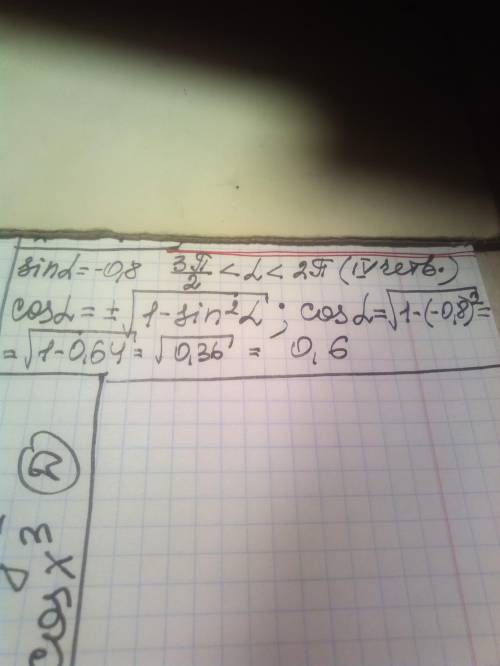 Знайдіть cosα, якщо sinα = −0,8,3π/2< α < 2π