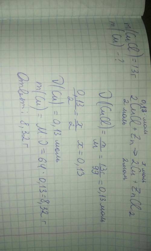 ДАЮ 20 б Oбчисліть масу міді (Cu), що виділиться в результаті дії цинку на купрум хлорид масою 13г.