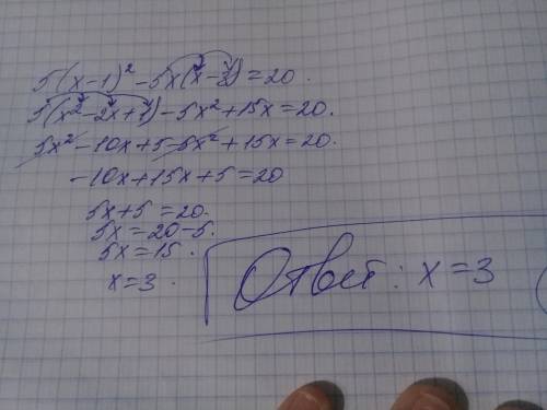 Розв'язати рівняня 5(x-1)² -5x (x-3)=20