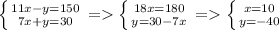 \left \{ {{11x-y=150} \atop {7x+y=30}} \right. =\left \{ {{18x=180} \atop {y=30-7x}} \right.=\left \{ {{x=10} \atop {y=-40}} \right.