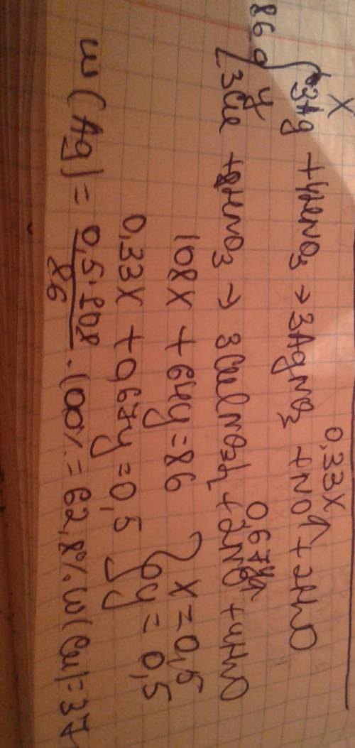 На 86 г сплава серебра с медью подействовали избытком разбавленной азотной кислоты. Объем выделившег