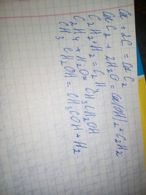 Напишіть рівняння до схеми хімічних перетворень: C → CaC 2 → C2H 2 → C2H 4 →CH 3 CH2OH→ CH 3 COH;