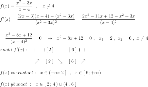 f(x)=\dfrac{x^2-3x}{x-4}\ \ ,\ \ \ x\ne 4\\\\f'(x)=\dfrac{(2x-3)(x-4)-(x^2-3x)}{(x^2-3x)^2}=\dfrac{2x^2-11x+12-x^2+3x}{(x-4)^2}=\\\\\\=\dfrac{x^2-8x+12}{(x-4)^2}=0\ \ \ \to \ \ x^2-8x+12=0\ ,\ \ x_1=2\ ,\ x_2=6\ ,\ x\ne 4\\\\znaki\ f'(x):\ \ \ +++[\, 2\; ]---[\; 6\; ]+++\\\\{}\qquad \qquad \qquad \quad \nearrow \quad [\; 2\; ]\ \ \searrow \quad [\; 6\; ]\ \ \nearrow \\\\f(x)\; vozrastaet:\ \ x\in (-\infty ;2\; ]\ \ ,\ \ x\in [\; 6;+\infty )\\\\f(x)\; ybuvaet\ :\ \ x\in [\; 2\, ;\, 4\, )\cup (4\, ;\, 6\; ]